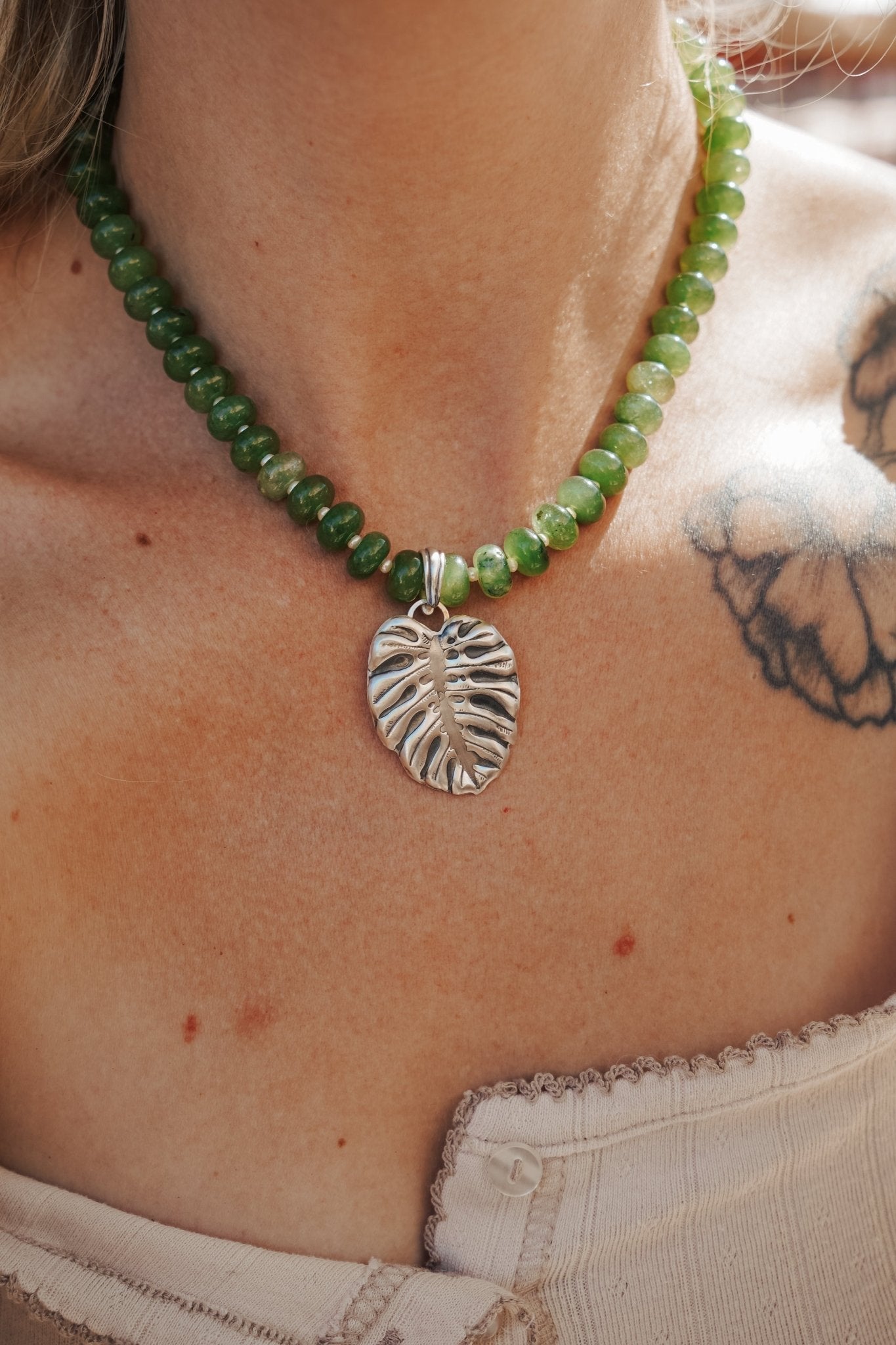 The Monsterra Necklace in Jade + Pearl Beads - Addy Avenue