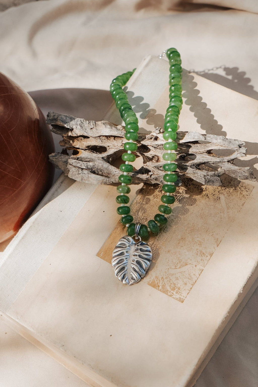 The Monsterra Necklace in Jade + Pearl Beads - Addy Avenue
