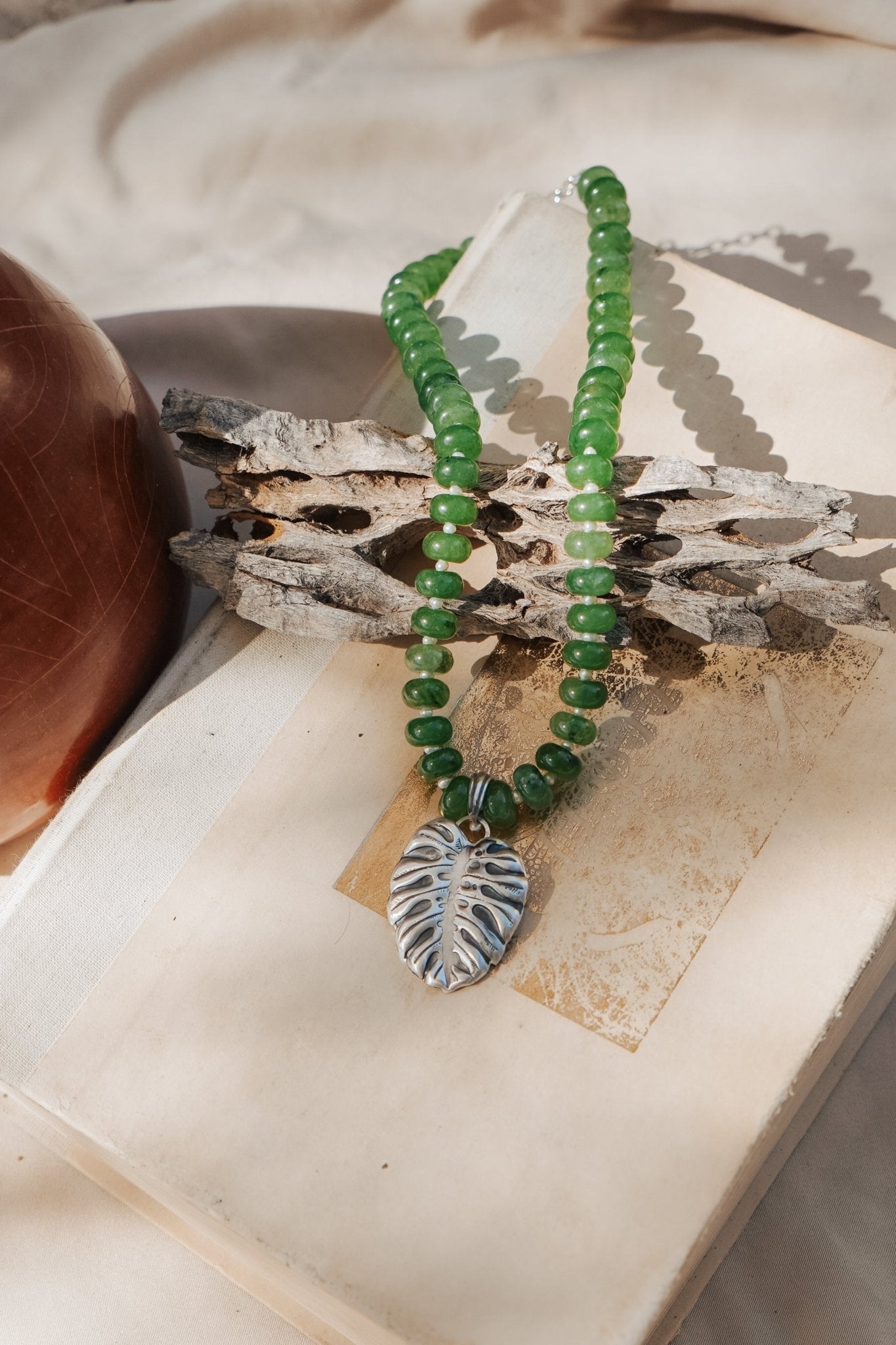 The Monsterra Necklace in Jade + Pearl Beads - Addy Avenue