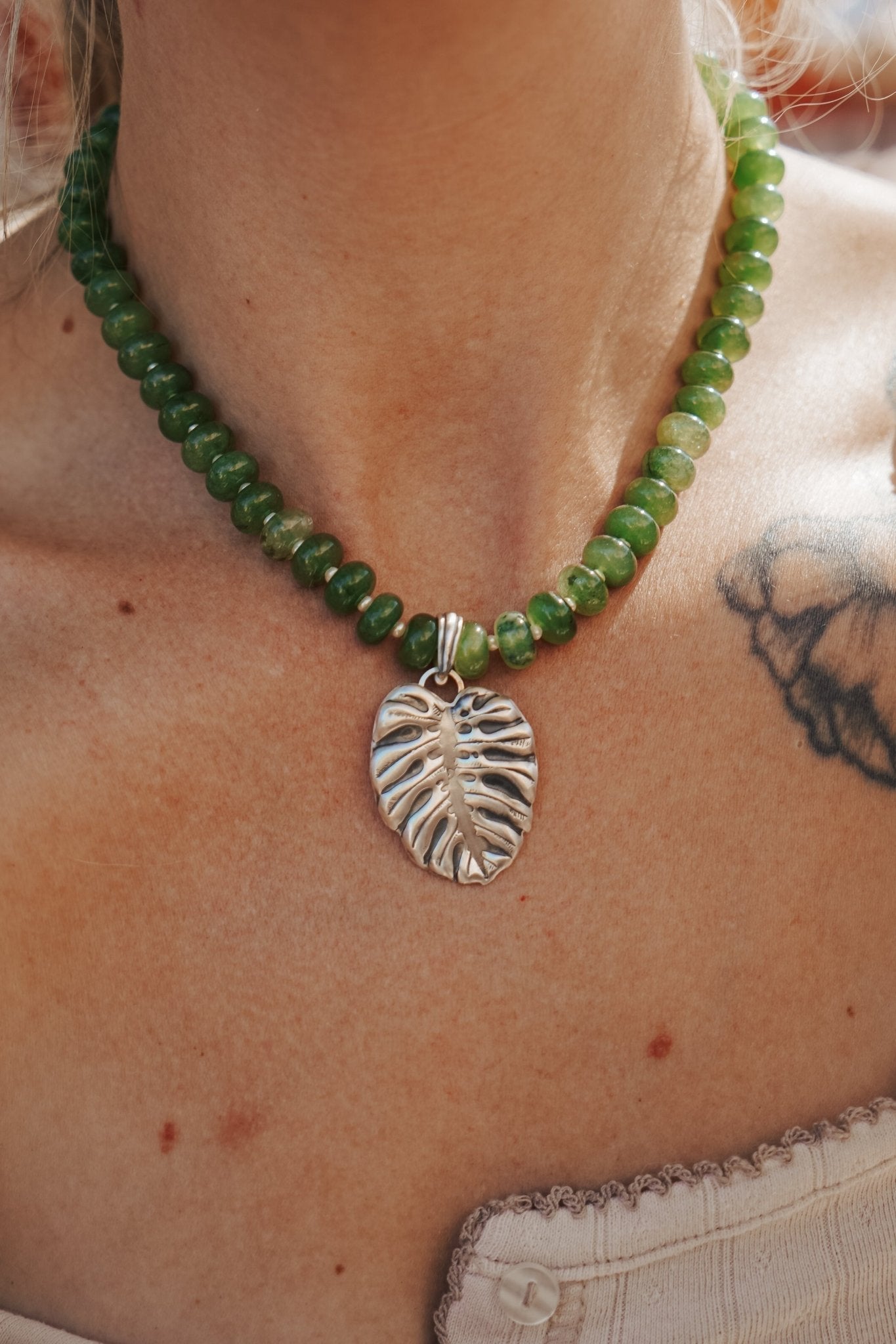 The Monsterra Necklace in Jade + Pearl Beads - Addy Avenue