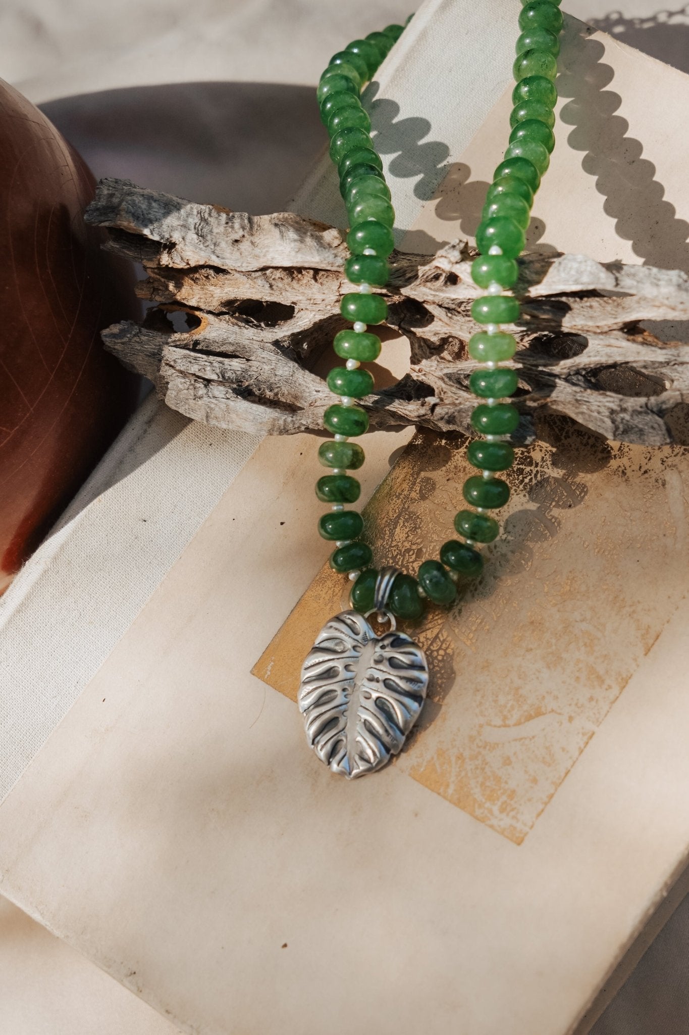 The Monsterra Necklace in Jade + Pearl Beads - Addy Avenue