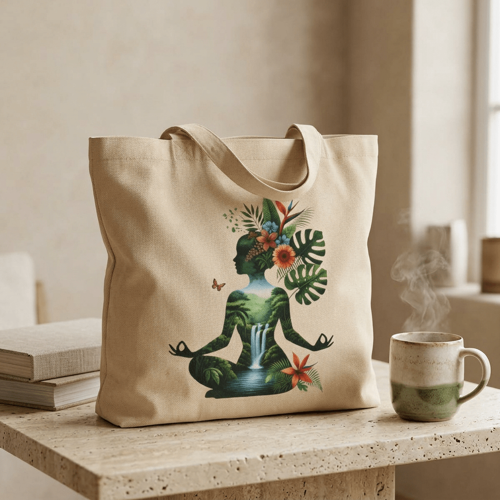 Tropical Yoga Silhouette Large Eco Tote | Botanical Meditation Design - Addy Avenue
