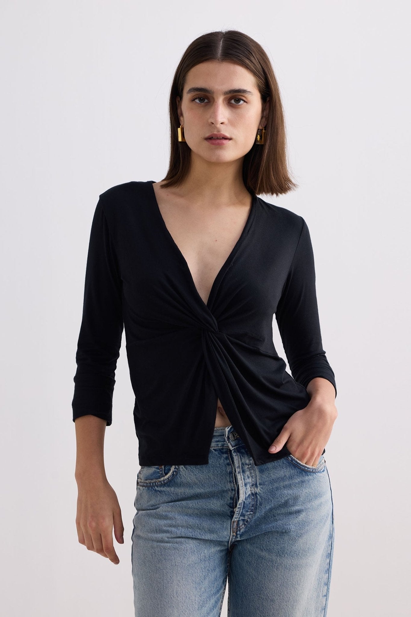 Twist Front Knit Shirt in Black - Addy Avenue