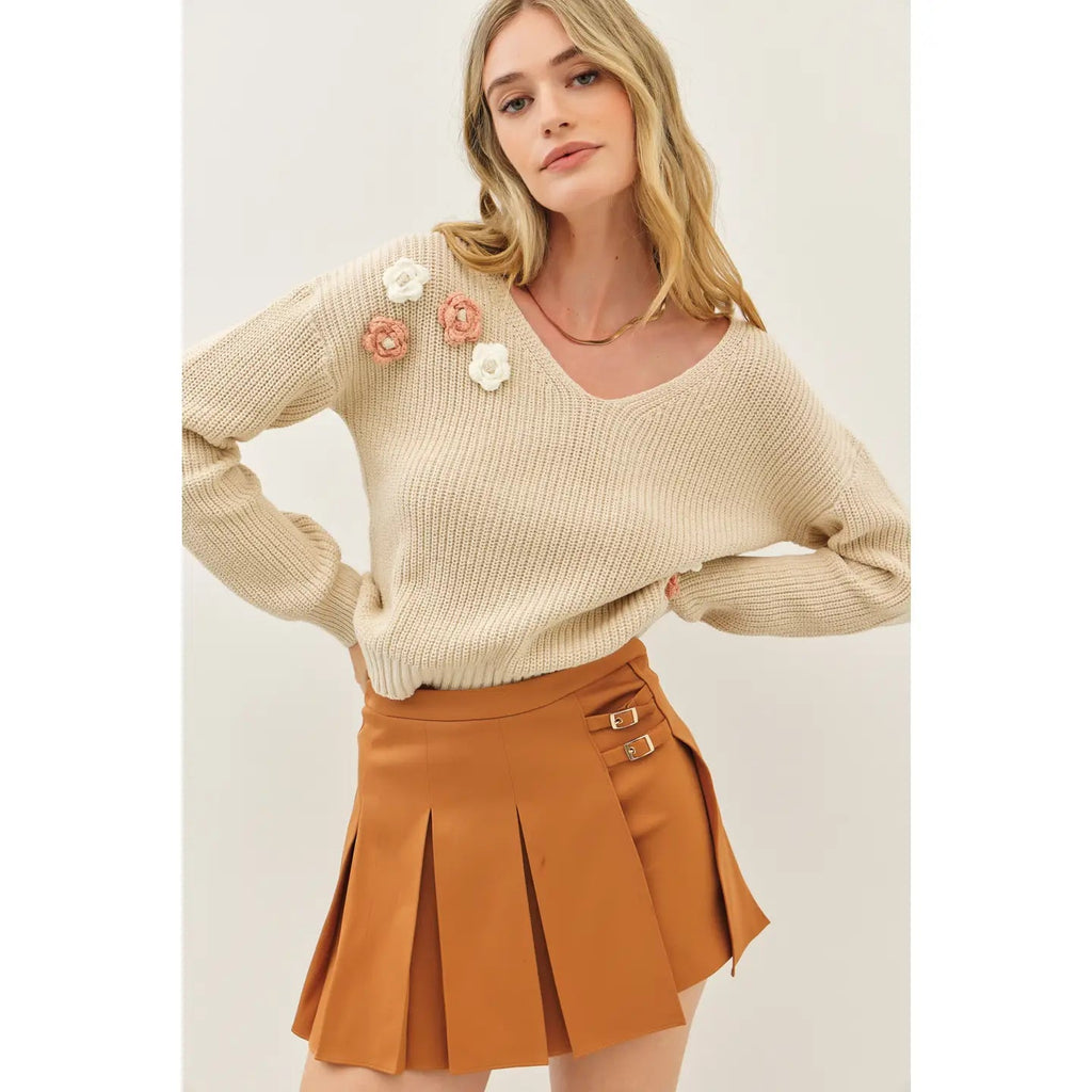 V - Neck Transitional Sweater - 3D Florals - Addy Avenue