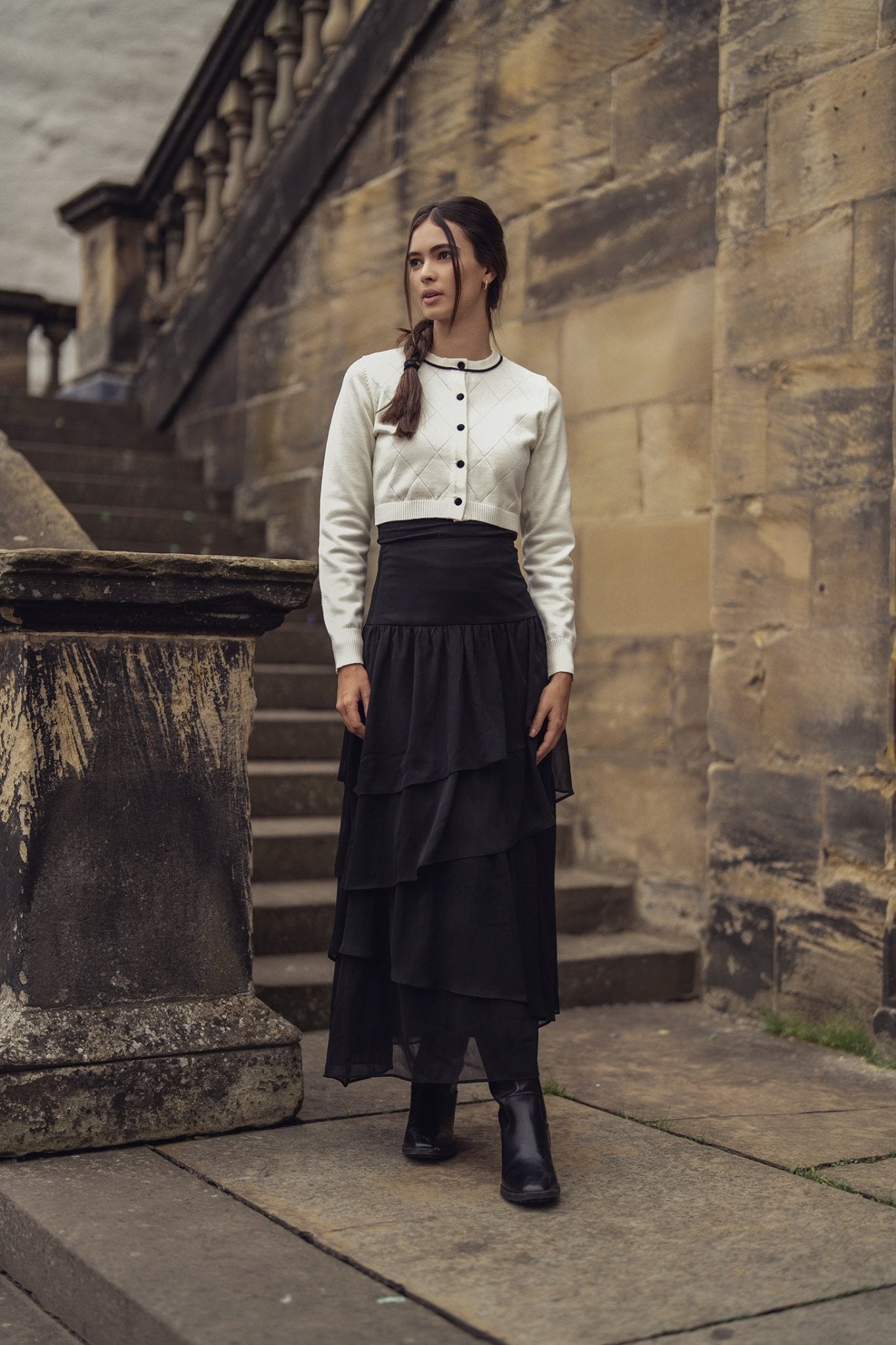 Velvet Detail Pointelle Crew Cardigan - Cream/Black - Addy Avenue