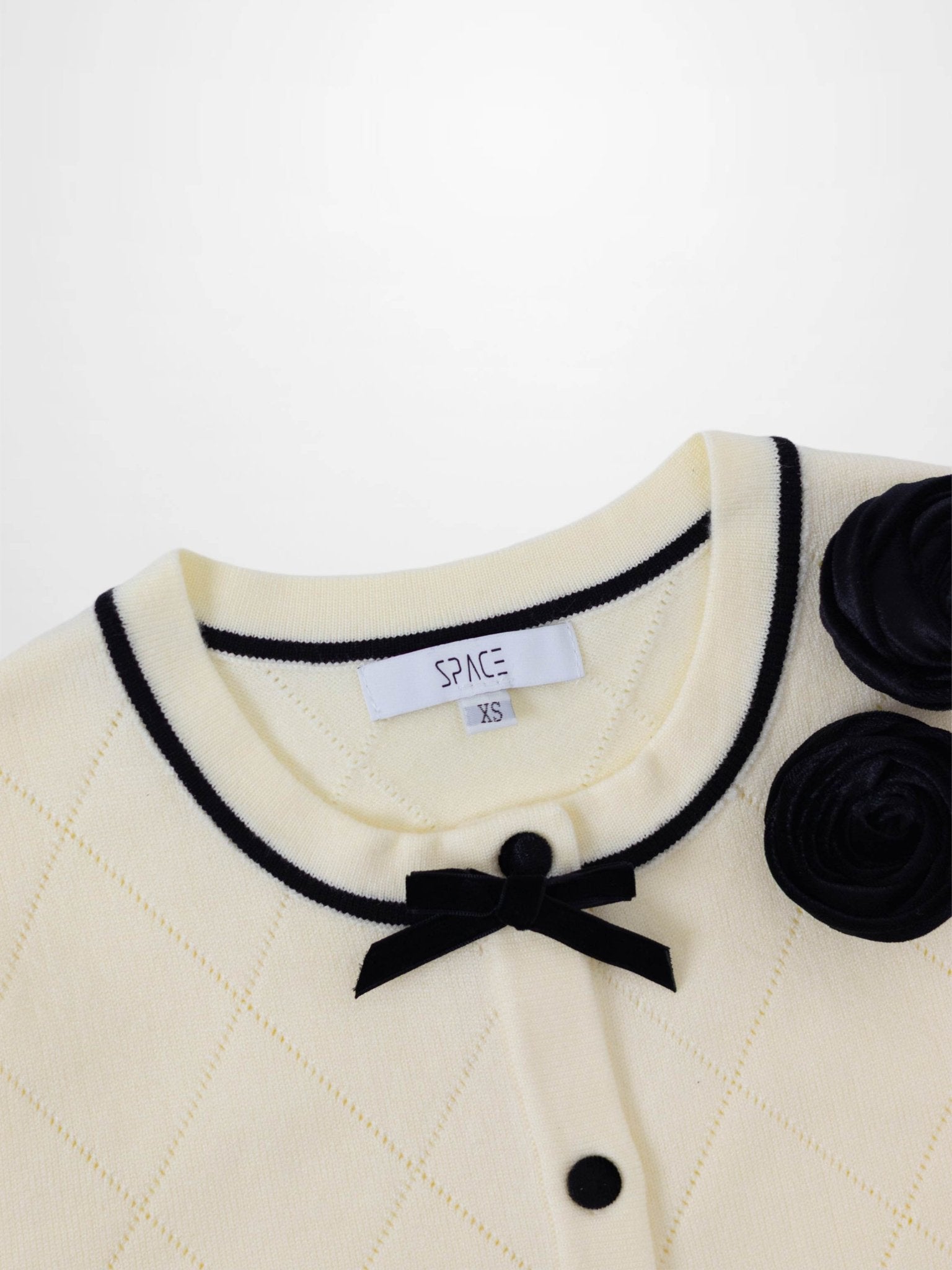 Velvet Detail Pointelle Crew Cardigan - Cream/Black - Addy Avenue