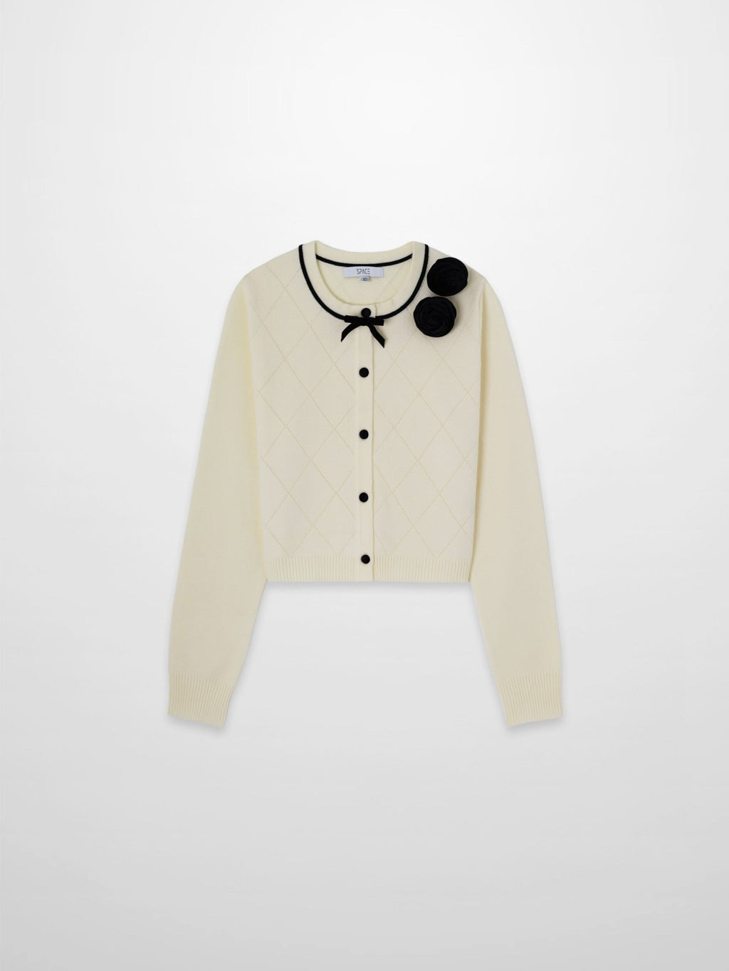 Velvet Detail Pointelle Crew Cardigan - Cream/Black - Addy Avenue