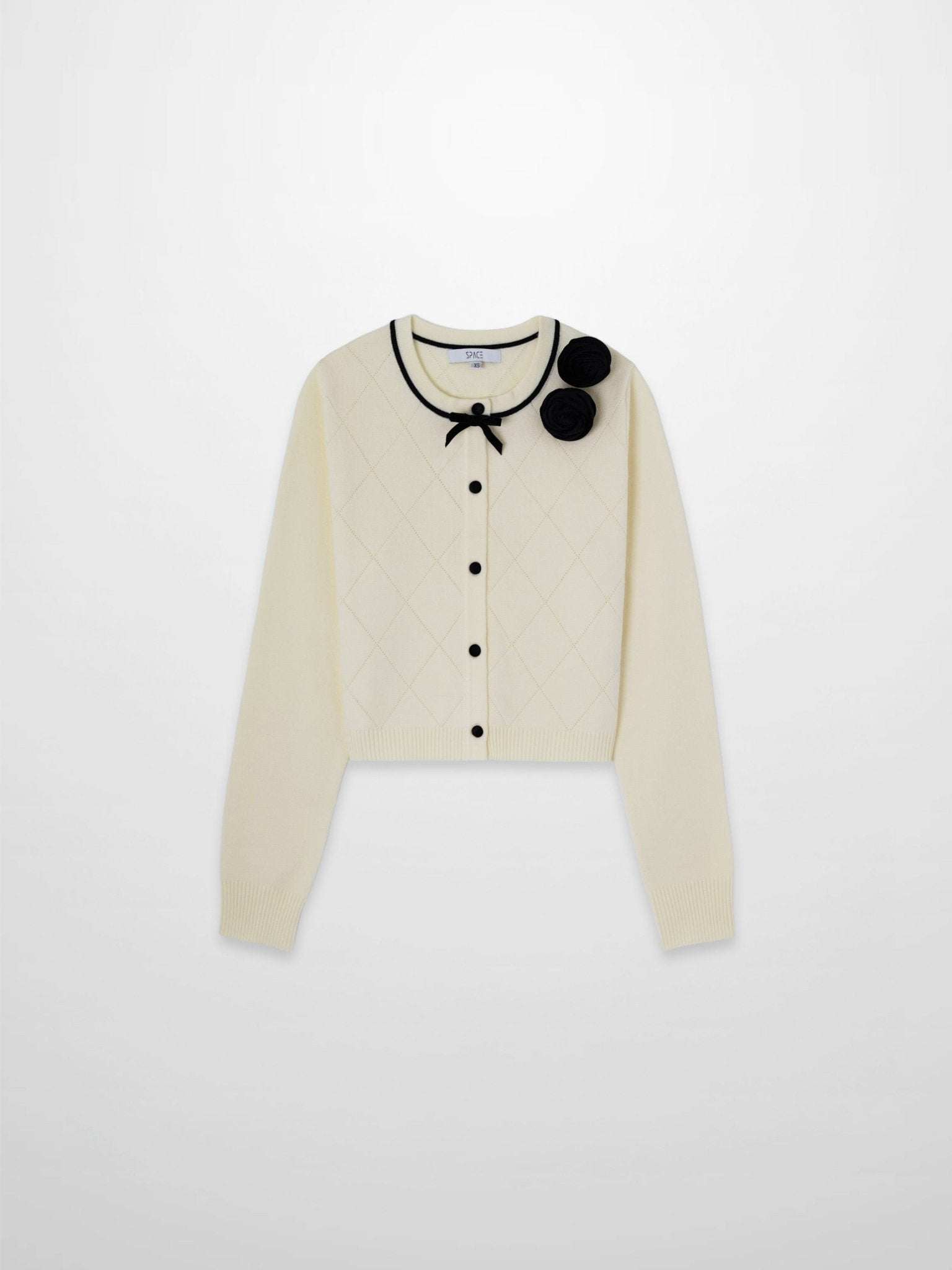 Velvet Detail Pointelle Crew Cardigan - Cream/Black - Addy Avenue
