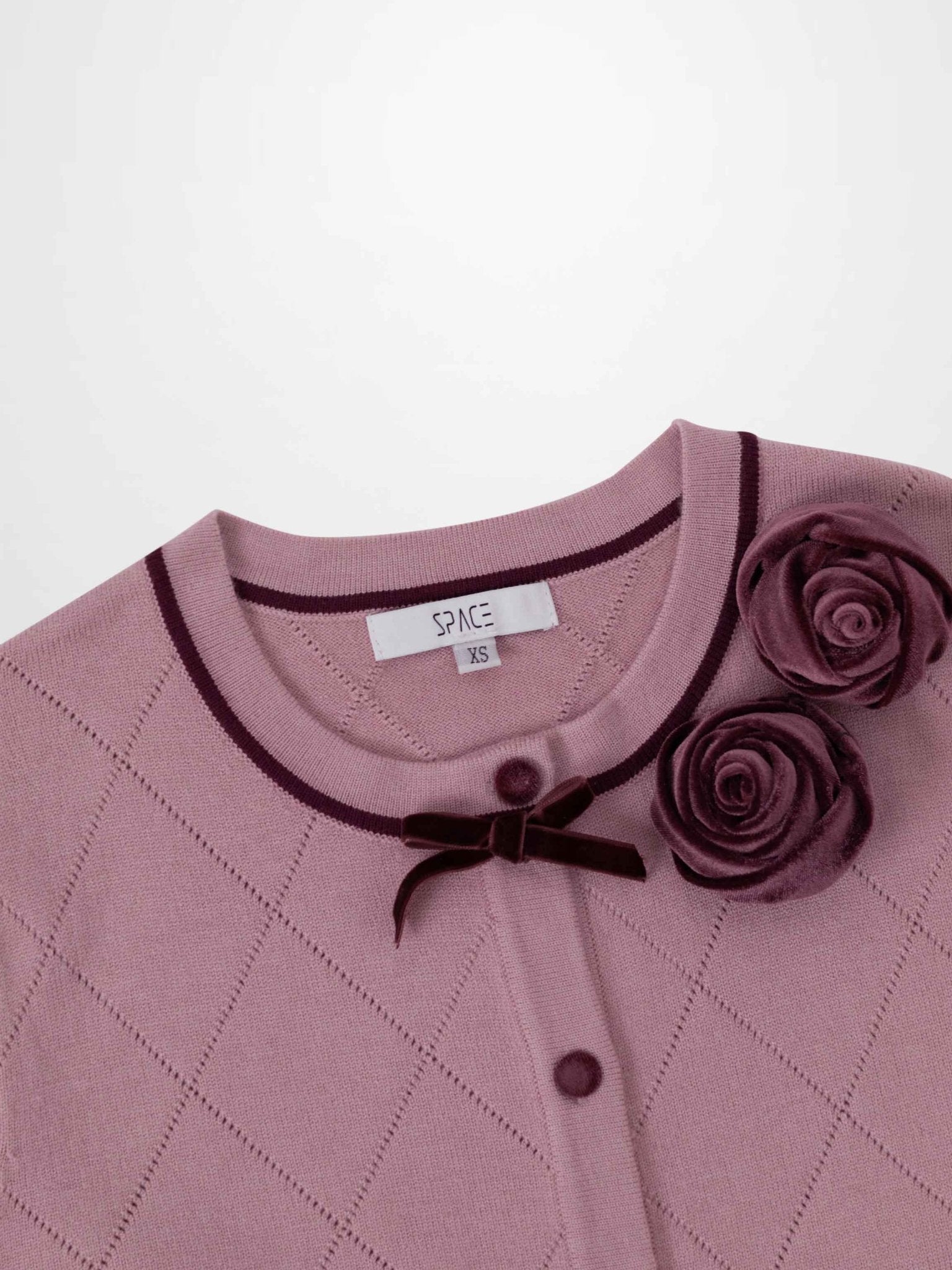 Velvet Detail Pointelle Crew Cardigan - Pink/Burgundy - Addy Avenue