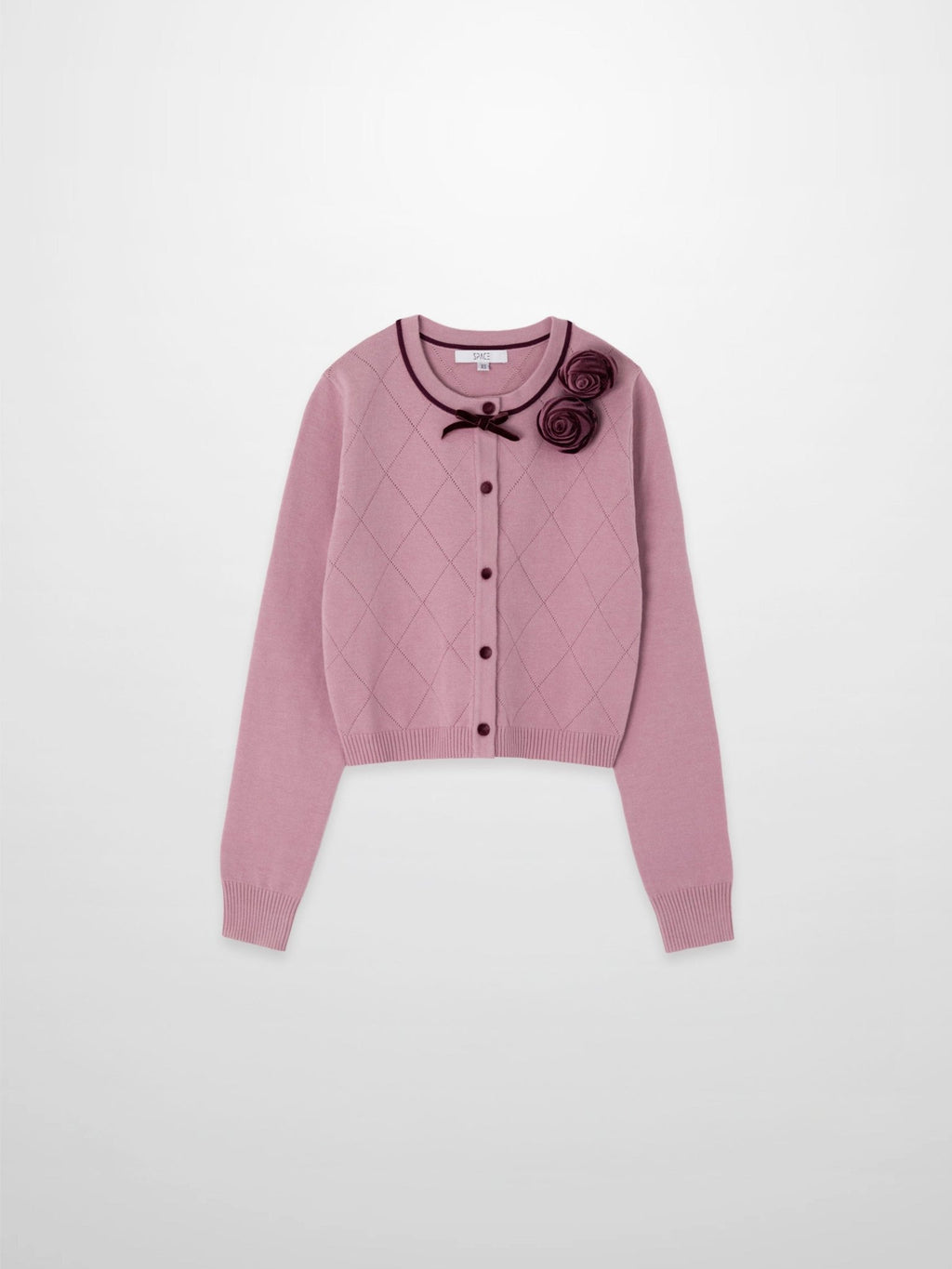 Velvet Detail Pointelle Crew Cardigan - Pink/Burgundy - Addy Avenue