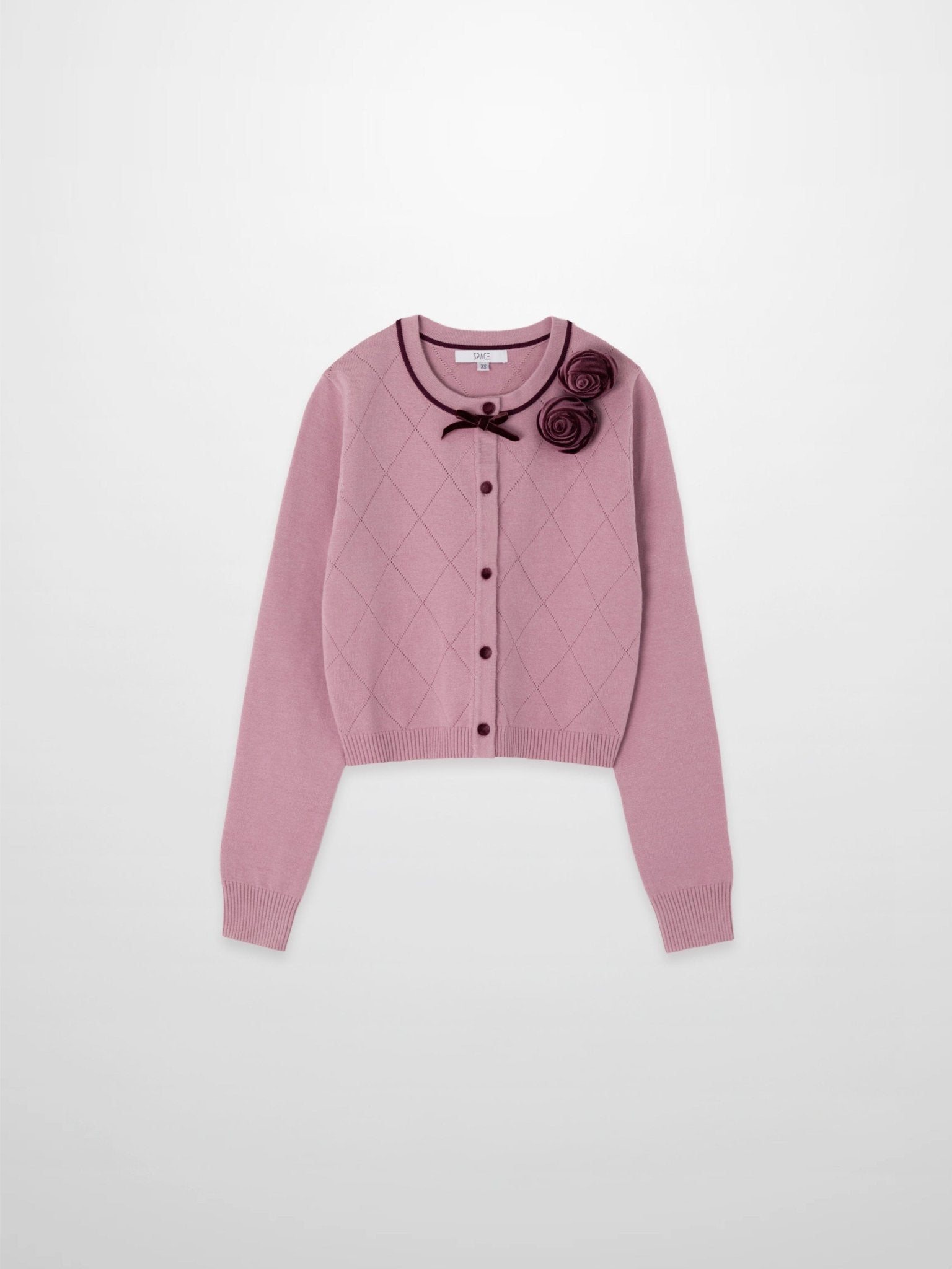 Velvet Detail Pointelle Crew Cardigan - Pink/Burgundy - Addy Avenue