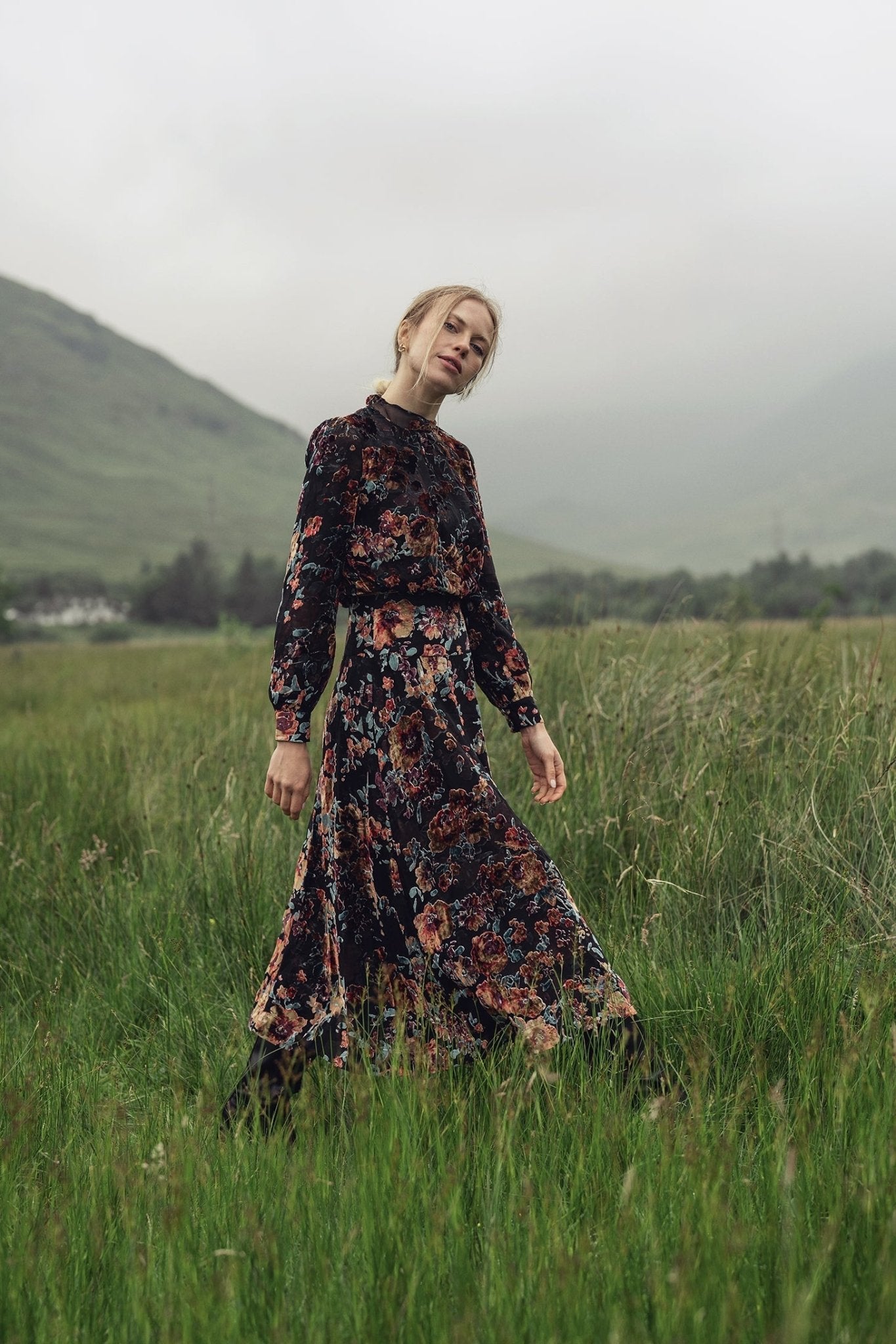 Waisted Yoke Dress - Colored Velvet Floral - Addy Avenue